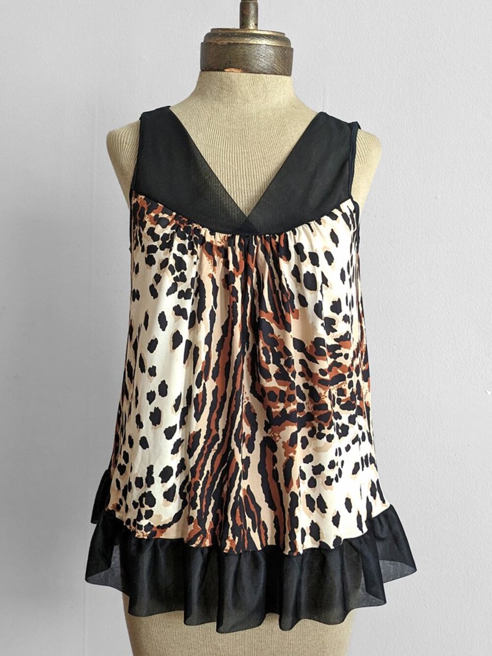 vtg 1960's Leopard Print Short Nylon Peplum Ruffle Nightie Top